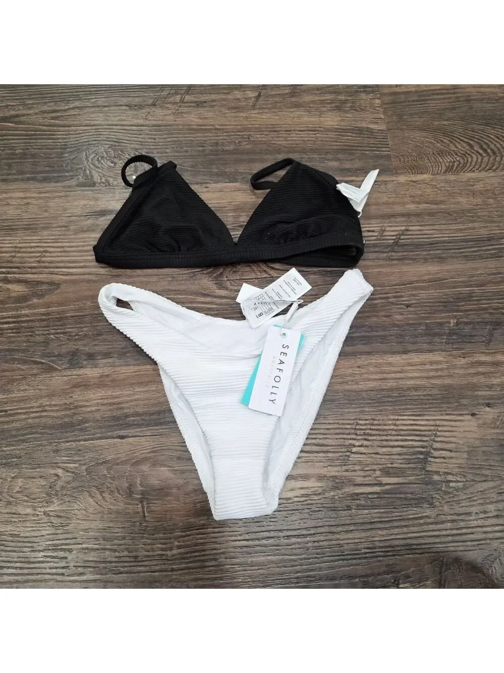 Seafolly Ribbed Bikini Set Black Top White Bottom US 4 NWT/NWOT